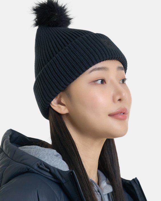 Women's UA Halftime Ribbed Pom Beanie in Black image number 2